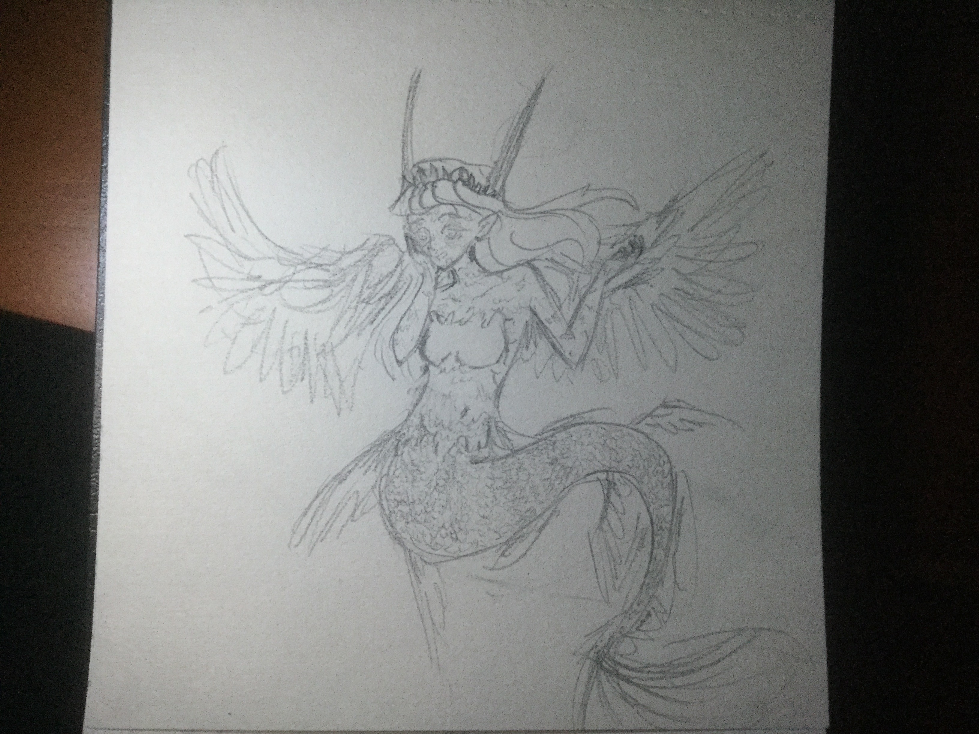 It's a mermaid! I like to draw mermaids with lots of fins. The wing looking things are indeed fins a ...